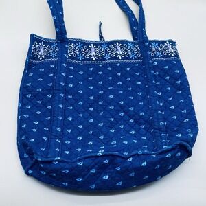 Navy Floral Print Pink Ribbon Quilted Tote Cotton Reversible Washable Cancer Awa